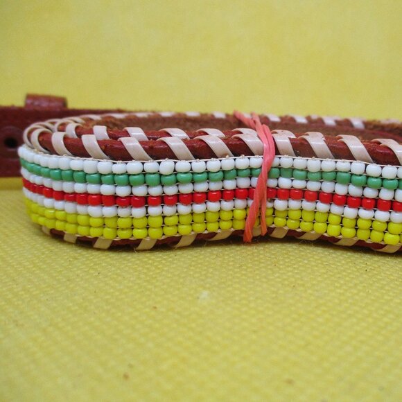 Seed Bead Tan Embossed Genuine Leather Belt Gold Tone Buckle Southwestern Beaded - Picture 2 of 6